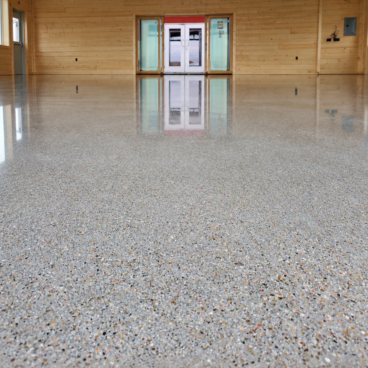 Detailed view of aggregate exposed through polished concrete
